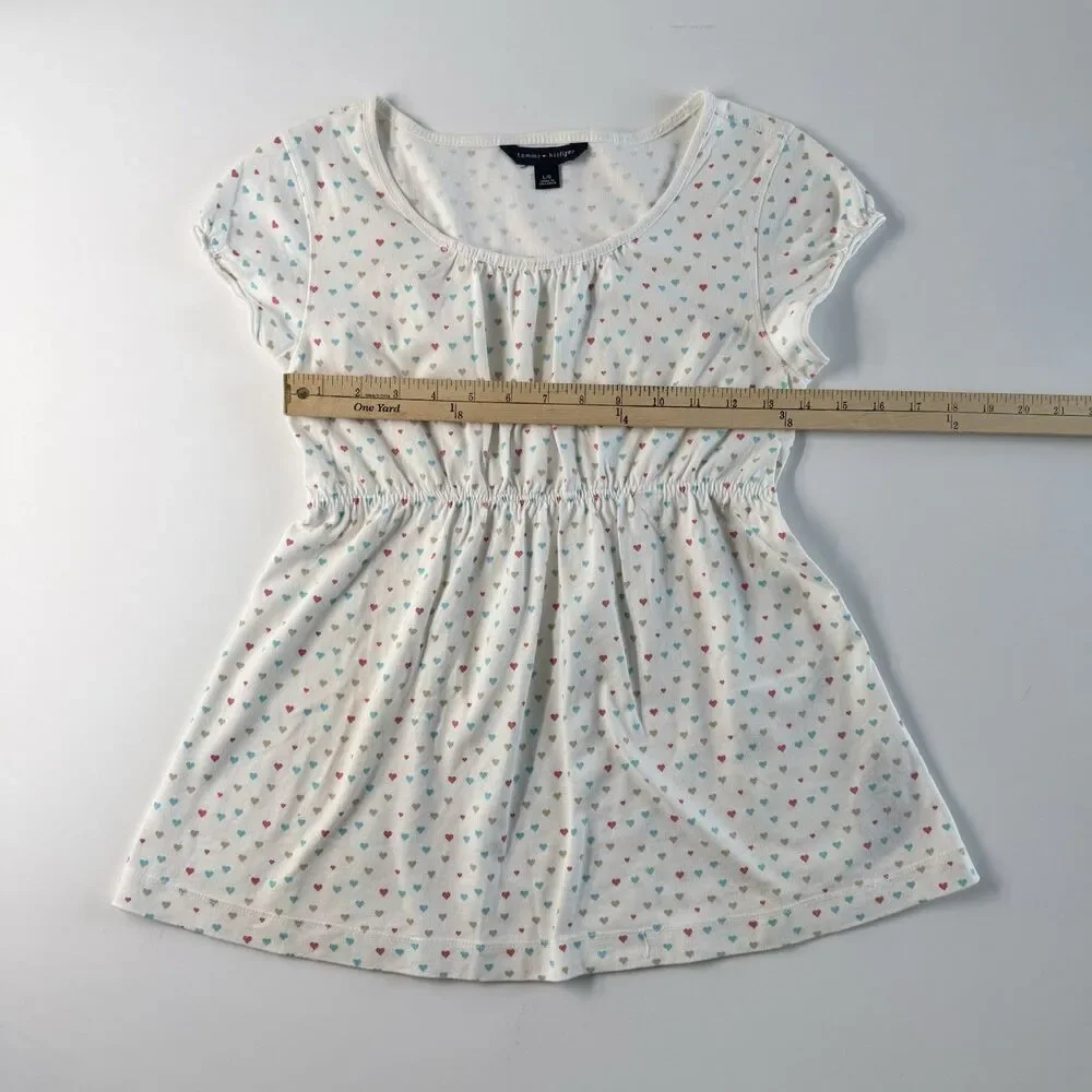 Vintage TOMMY HILFIGER Babydoll Knit Crew Top Girl's Size L White w/Hearts Y2K